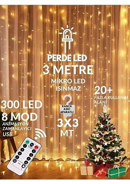 Kumandalı 8 Ayrı Moda Sahip 3 Mx3 M 300 Cm X 300 Cm Perde Led 10 Saçaklı Sarkıtlı 300 Led Gün Işığı