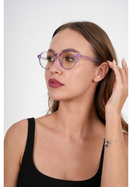 Lila Yuvarlak Mavi Işık Koruyucu Gözlük