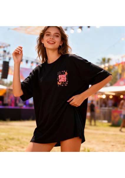 Good Vibes Only – Oversize T-Shirt Siyah %100 Pamuk Özel Tasarım Baskı fiyatları