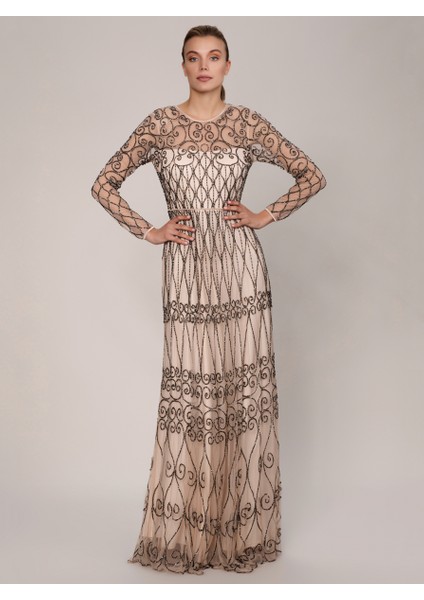 İşlemeli Uzun Gece Elbisesi Pudra K1962103_055