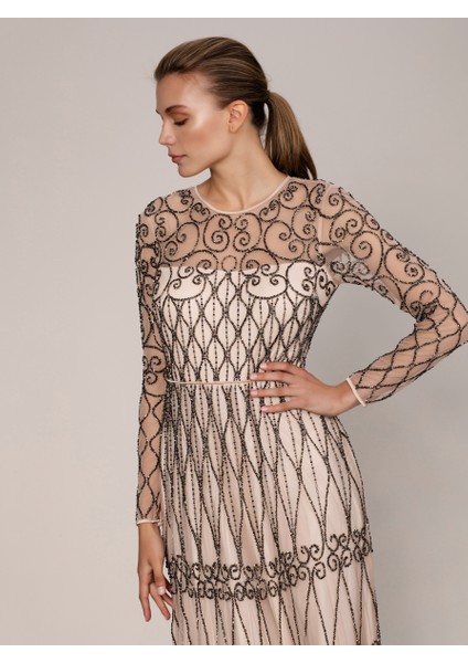 İşlemeli Uzun Gece Elbisesi Pudra K1962103_055 fiyatları