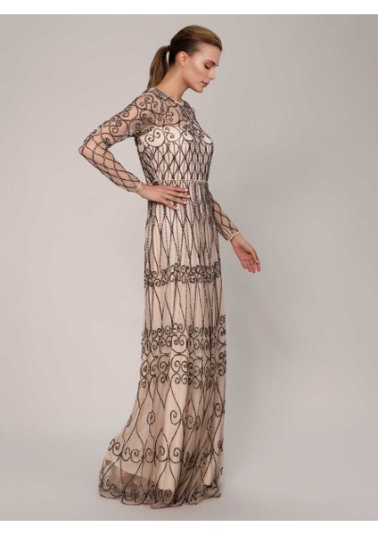 İşlemeli Uzun Gece Elbisesi Pudra K1962103_055 fırsatları