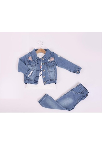 Çiçek Nakışlı Iki Iplik Sweatshırtlü Üçlü Denım Alt Üst Takım - SM004-MAVI-5 Yaş Mavi