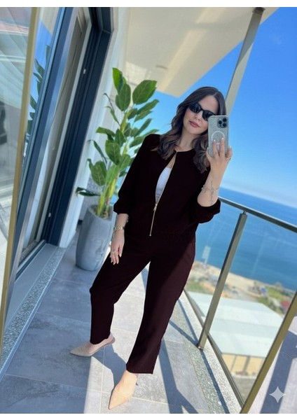 Kadın Uzun Kollu Önden Fermuarlı Modal Ceket ve Pantolon Ikili Takım modelleri