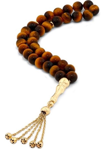 Kaplan Gözü Doğal Taşlı Altın Tesbih - 14K