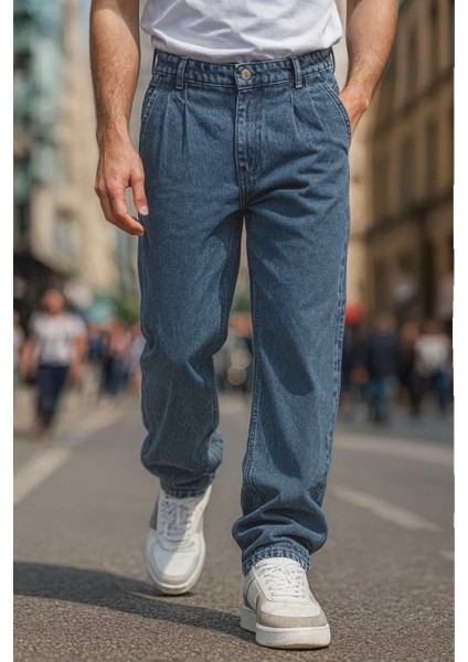 Erkek Pileli Yüksek Bel Bol Kesim Baggy Loose Fit Jean PANTOLON-C354