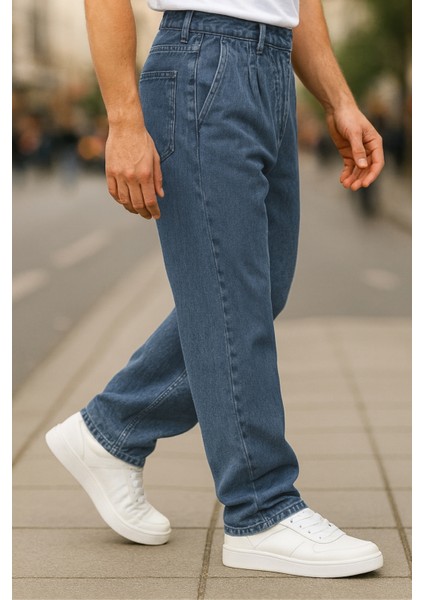 Erkek Pileli Yüksek Bel Bol Kesim Baggy Loose Fit Jean PANTOLON-C354 fırsatları
