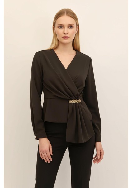251279 Kruvaze Yaka Uzun Kol Bluz Acı Kahve