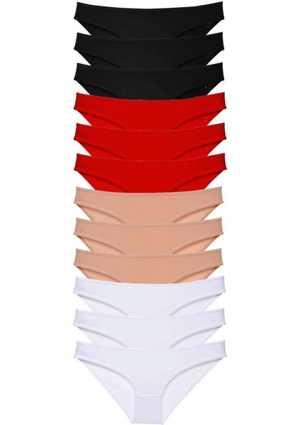 12 Adet Süper Eko Set Likralı Kadın Slip Külot Siyah Kırmızı Ten Beyaz