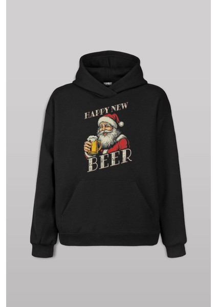 Siyah Sweatshirt Happy New Beer Yeni Yıl Noel Merry Christmas Yılbaşı Baskılı Sweat Hoodie Kapüşonlu