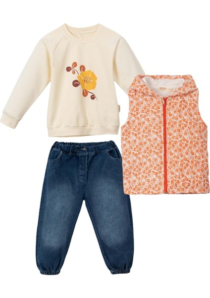 Çiçekli Kapitone Kapüşonlu Yelek Denım Pantolon Üçlü Alt Üst Takım - NEC243272-ORANJ-2 - 3 Yaş Oranj