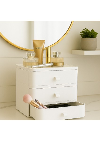 3 Katlı Makyaj Organizeri ve Takı Düzenleyici Çekmece – Çok Amaçlı Masaüstü Kozmetik Kutusu Beyaz