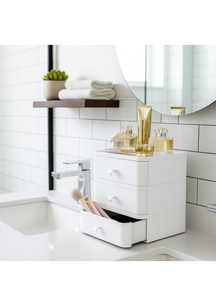 3 Katlı Makyaj Organizeri ve Takı Düzenleyici Çekmece – Çok Amaçlı Masaüstü Kozmetik Kutusu Beyaz modelleri