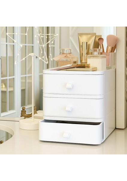 3 Katlı Makyaj Organizeri ve Takı Düzenleyici Çekmece – Çok Amaçlı Masaüstü Kozmetik Kutusu Beyaz
