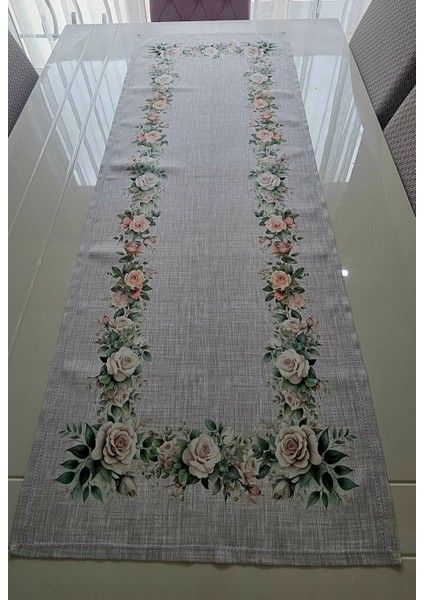 Keten Efekt Zeminli Çiçek Desenli Runner