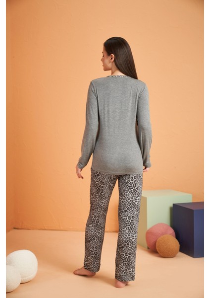 Kadın Likralı Viskon 4 Mevsim Kumaş Leoparlı Uzun Kollu Pijama Takım modelleri
