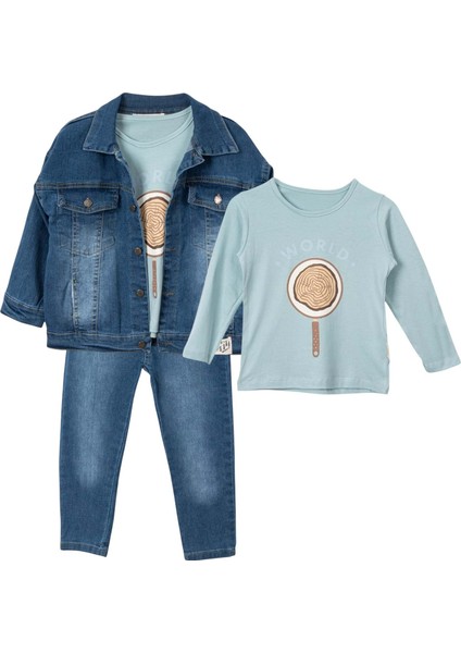 World Baskılı Sweatshırt Denım Mont Pantolon Takım - NEC251298-MINT Yeşil-5 - 6 Yaş Mint Yeşili