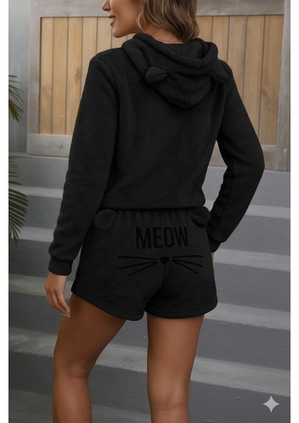 Kadın Uzun Kollu Kapşonlu Peluş Bluz ve Kısa Short Ikili Takım