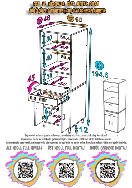 VİYA 60x194,6x56 cm 1 çekmece 3 kapaklı Mutfağınıza Yepyeni Fırın ve Mikrodalga Dolabı