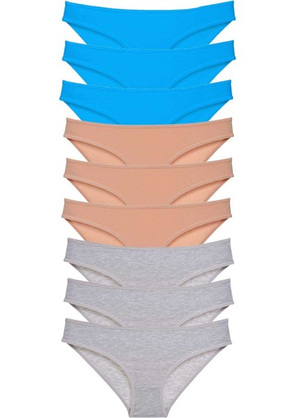 9 Adet Süper Eko Set Likralı Kadın Slip Külot Ten Gri Mavi