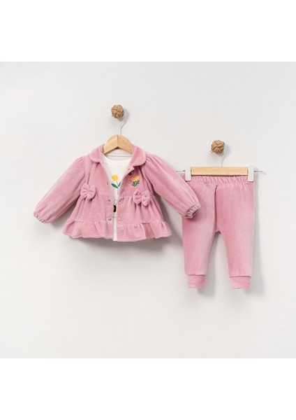 Arı Nakışlı Fiyonklu Kadife Üçlü Alt Üst Takım - KS-25013-FUŞYA-9 Ay Fuşya