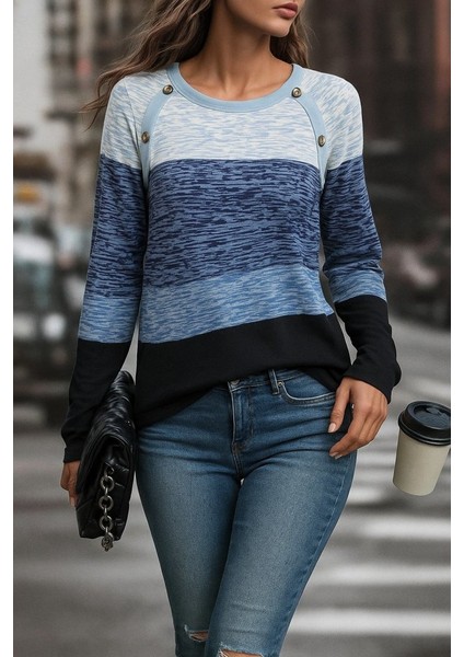 Kadın Uzun Kollu Yuvarlak Yaka Baskılı Düğme Detay Süprem Bluz