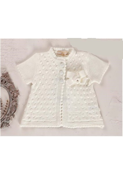 Ponponlu Yaka Fiyonk Detaylı Triko Hırka - LY3006-EKRU-9 - 12 Ay Ekru