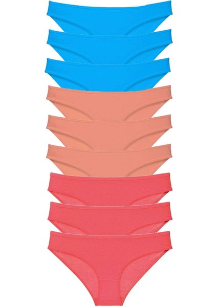 9 Adet Süper Eko Set Likralı Kadın Slip Külot Pudra Fuşya Mavi