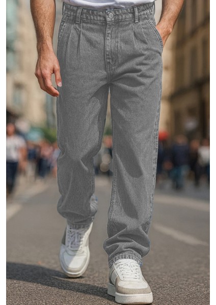 Erkek Pileli Yüksek Bel Bol Kesim Baggy Loose Fit Jean PANTOLON-C354