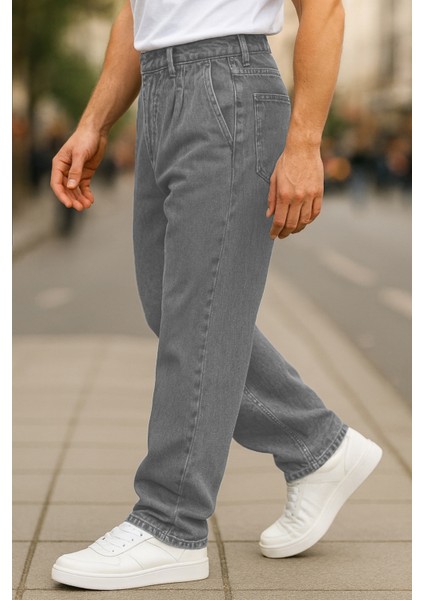 Erkek Pileli Yüksek Bel Bol Kesim Baggy Loose Fit Jean PANTOLON-C354