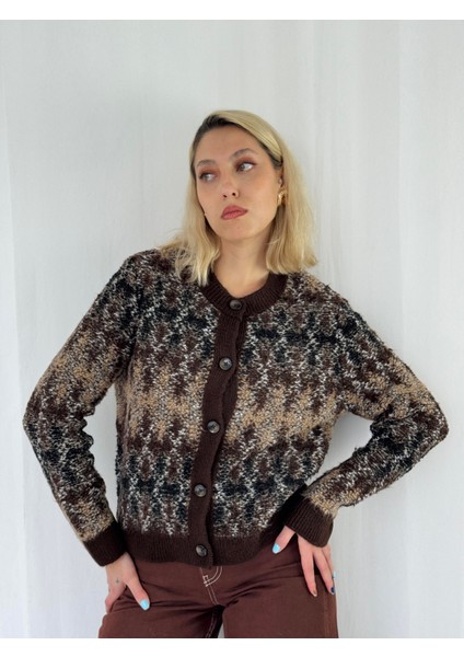 Retro Model Önden Düğmeli Cozy Hırka Kadın Kahverengi