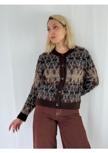 Retro Model Önden Düğmeli Cozy Hırka Kadın Kahverengi modelleri