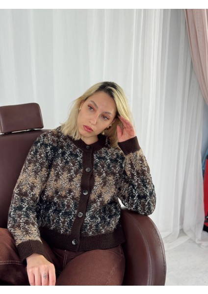 Retro Model Önden Düğmeli Cozy Hırka Kadın Kahverengi