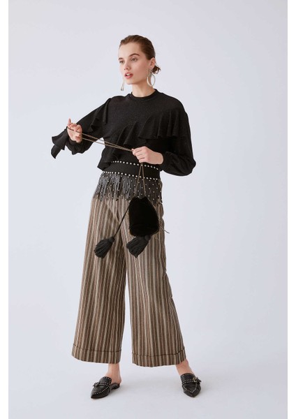 Çizgili Geniş Kadın Pantolon Kahve K2012085_005