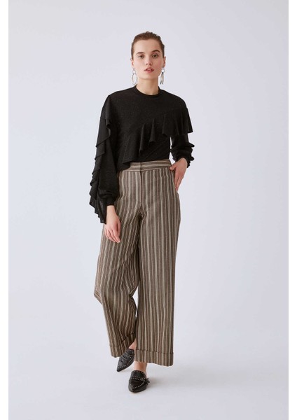 Çizgili Geniş Kadın Pantolon Kahve K2012085_005 modelleri