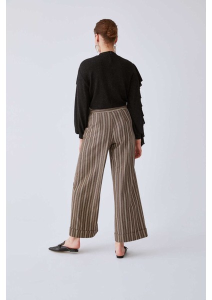 Çizgili Geniş Kadın Pantolon Kahve K2012085_005 fırsatları
