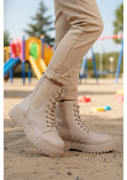 Bej Polarlı Kaymaz Soğuğa Dirençli Deri Çocuk Bot Tuno 07 F modelleri
