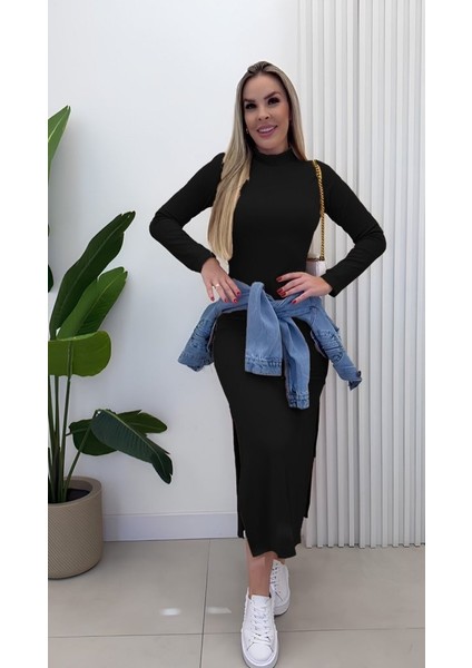 Kadın Uzun Kollu Balıkçı Yakalı Yanlardan Yırtmaçlı Kaşkorse Maxi Elbise fırsatları