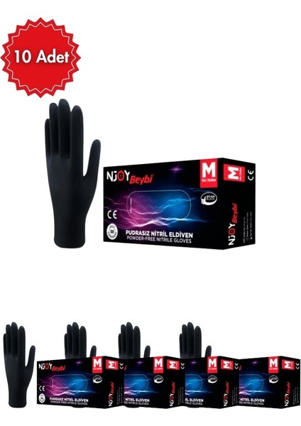 Beybi Njoy Siyah Pudrasız Nitril Eldiven Medium 100’LÜ Kutu x 10 Adet | Tek Kullanımlık & Dayanıklı