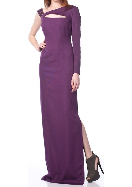 Taş Detaylı Tek Omuz Uzun Elbise Mürdüm K1511066_007