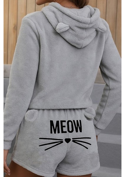 Kadın Uzun Kollu Kapşonlu Peluş Bluz ve Kısa Short Ikili Takım fiyatları