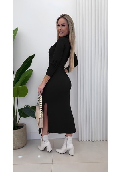 Kadın Uzun Kollu Balıkçı Yakalı Yanlardan Yırtmaçlı Kaşkorse Maxi Elbise modelleri