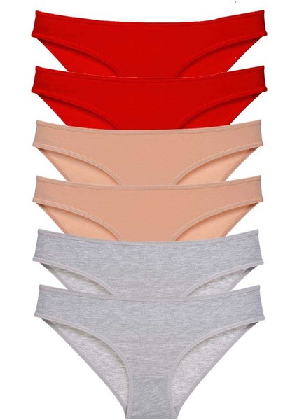 6 Adet Eko Set Likralı Kadın Slip Külot Kırmızı Ten Gri