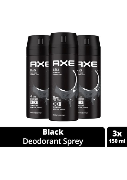 3 Adet Axe Erkek Deodorant & Bodyspray Black 48 Saat Etkileyici Koku Vücut Spreyi 150 ml