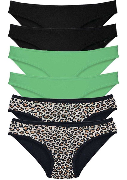 6 Adet Likralı Kadın Slip Külot Leopar Siyah Yeşil