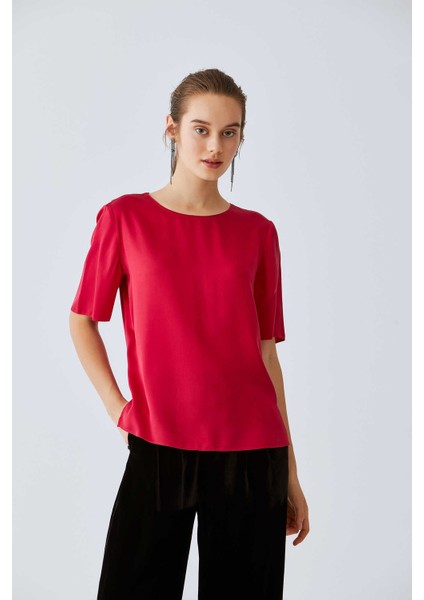 %100 İpek Yarım Kollu Bluz Bordo K2013084_008