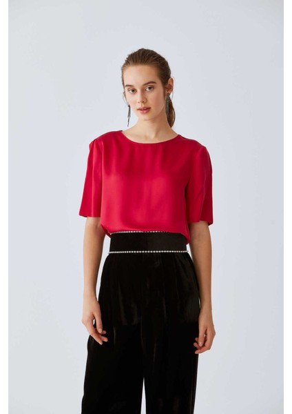 %100 İpek Yarım Kollu Bluz Bordo K2013084_008 fırsatları