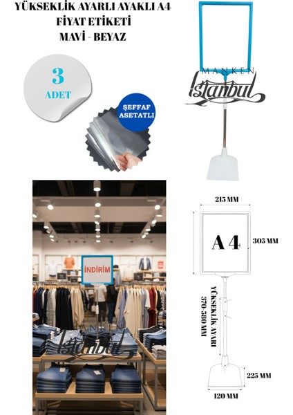 3 Adet Mavi Beyaz A4 Ayaklı Fıyat Etiketi Çerçeveli Fıyat Etiketi Eşek Askılık Etiketi