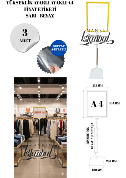 3 Adet Sarı Beyaz A4 Ayaklı Fıyat Etiketi Çerçeveli Fıyat Etiketi Eşek Askılık Etiketi