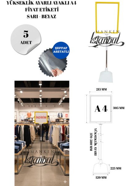 5 Adet Sarı Beyaz A4 Ayaklı Fıyat Etiketi Çerçeveli Fıyat Etiketi Eşek Askılık Etiketi